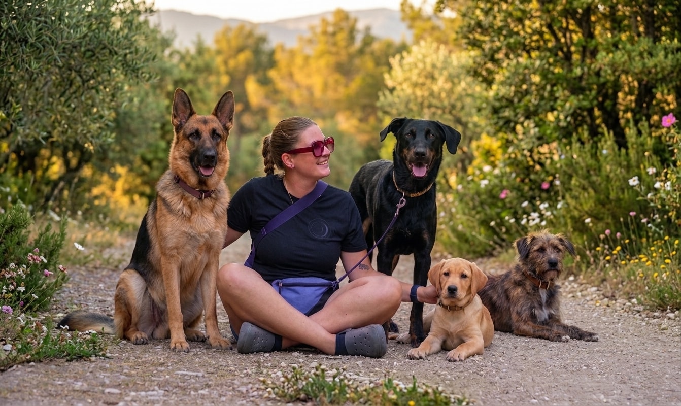 Éducatrice canine complice avec un chien en pleine nature