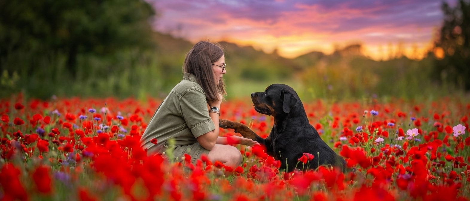 Femme marchant avec deux chiens sur une plage au coucher de soleil